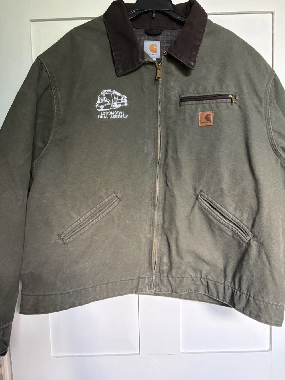 Carhartt Olive Green Duck Work Jacket with Brown Corduroy Collar
